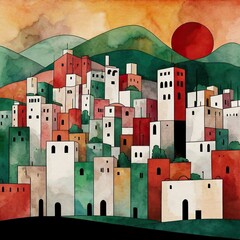 Abstract vibrant geometric watercolour art. Multicoloured shapes, elements creates ancient arabic city architecture. Square retro wallpaper. Abstract town buildings. Urban old business houses.