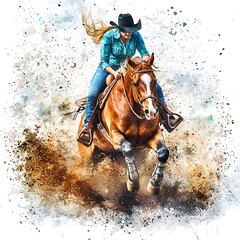 Cowgirl Barrel Racer and Horse in Action, Dynamic Artistic Equestrian Image.