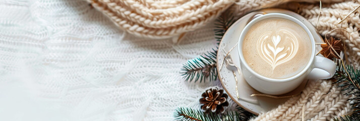 A winter morning with a cup of coffee and a warm scarf on a light background, copying the space