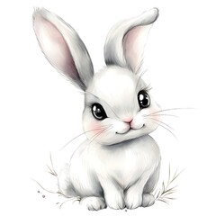 Obraz premium Adorable Watercolor Illustration of a Sitting White Bunny Rabbit.