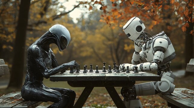 Alien and robot chess match urban park digital art autumn landscape close-up ai vs. Intelligence