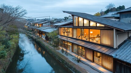 Fototapeta premium A modern house by a serene river with traditional architecture elements.