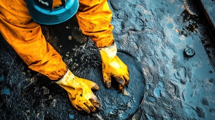 Oil Spill Management Concept, Worker in Protective Gloves Engaged in Removing Oil from a Surface, Highlighting Safety and Maintenance Practices in Industrial Settings
