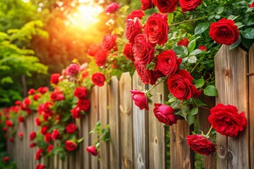 Fototapeta premium Lush Garden with Blooming Red Roses on a Wooden Fence, Perfect for Nature Lovers, Garden Enthusiasts, and Floral Decor Inspiration with Copy Space for Text Overlay