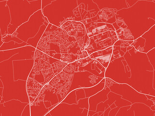 Christmas Map of Corby, United Kingdom in Snowy White on Festive Red Background.