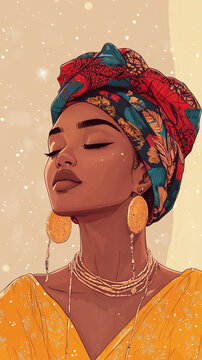 A digitally rendered portrait of a woman wearing a colorful headscarf and intricate jewelry, radiating grace, cultural heritage, and empowerment.