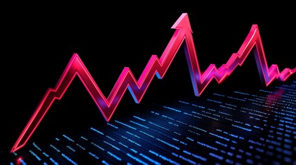 Naklejka premium A vibrant, digital graph showcases a rising trend against a dark background, symbolizing growth and progress in data analysis or finance.