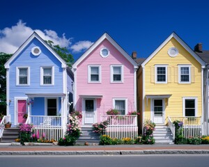 Obraz premium Three colorful houses in pastel shades of blue, pink, and yellow, lined up on a sunny day with vibrant flowers and a clear blue sky in the background.