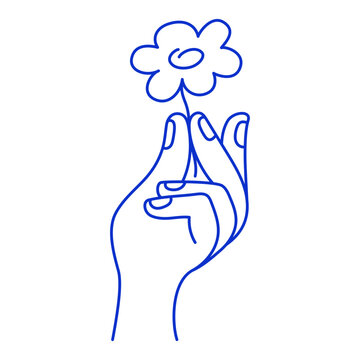 Vector simple linear illustration, hand poster, logo, print design template, hand drawn hand holding flower, gesture in minimal modern art style