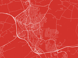 Christmas Map of Kettering, United Kingdom in Snowy White on Festive Red Background.