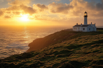 A serene lighthouse at sunset overlooking the ocean, symbolizing guidance and safety.
