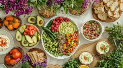 A vibrant food table displays healthy meals, bright veggies, fruits, and artisanal bread in a warm setting.