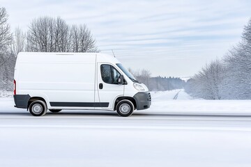 White Delivery Van Driving on Snowy Winter Road in Scenic Rural Landscape