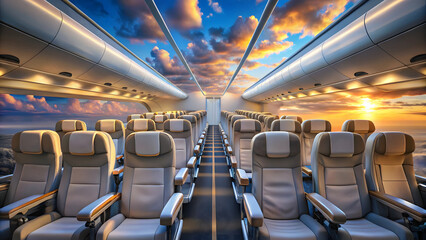 Fototapeta premium Airplane seats in the cabin at sunset. 