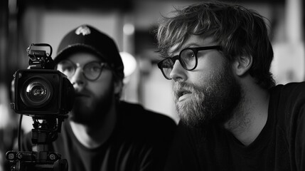 Two men with glasses focus intently on a camera, showcasing a moment of creativity and collaboration in a monochrome setting.