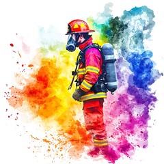 Obraz premium A Watercolor-Style Portrait of a Firefighter Against a Vibrant, Abstract Background.