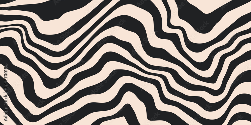 Aufkleber Abstract horizontal background with dynamic waves. Trendy vector illustration in style retro 60s, 70s. Beige and black colors	

