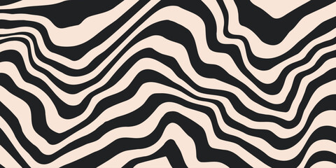 Abstract horizontal background with dynamic waves. Trendy vector illustration in style retro 60s, 70s. Beige and black colors	
