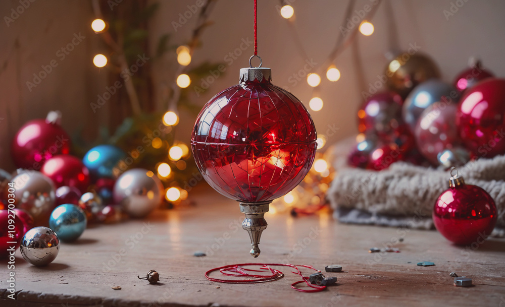Poster red ornament with a silver chain hanging from it. there are many other ornaments on the table