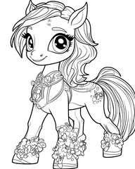 Fototapeta premium A cartoon horse with flowers on its legs and a crown on its head