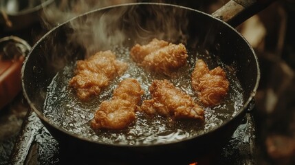 Crispy Fried Chicken Pieces Cooking in Hot Oil with Steam Rising in a Rustic Kitchen Setting for Culinary Enthusiasts and Food Lovers