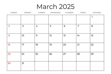 Printable Monthly Calendar template for March 2025. Week Starts on SUNDAY. Wall Calendar in a Minimalist Style. Simple and clean design. Ready to print. Vector illustration