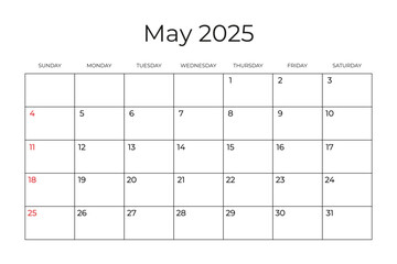 Printable Monthly Calendar template for May 2025. Week Starts on SUNDAY. Wall Calendar in a Minimalist Style. Simple and clean design. Ready to print. Vector illustration