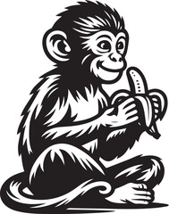 Cute Monkey Eating a Banana, Vintage Style Line Art. A stylized, black and white line art illustration of a monkey eating a banana.
