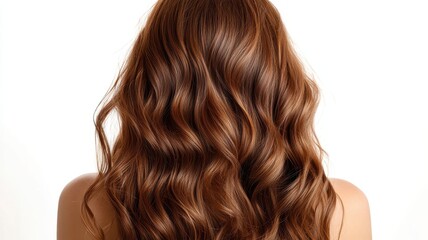 Naklejka premium Beautiful model girl with Brown hair strand,silky healthy chestnut wavy hair strand isolated on white background,hair wavy ribbon, with smooth texture,vibrant shine,brunette hairpiece, hairy ribbon.