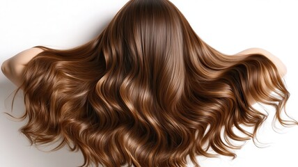 Fototapeta premium Beautiful model girl with Brown hair strand,silky healthy chestnut wavy hair strand isolated on white background,hair wavy ribbon, with smooth texture,vibrant shine,brunette hairpiece, hairy ribbon.