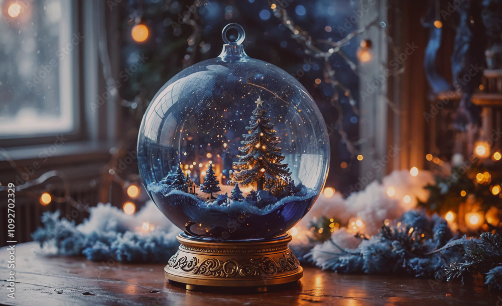 Aufkleber glass christmas tree ornament sits on a table. the ornament is surrounded by lights and snow. the li