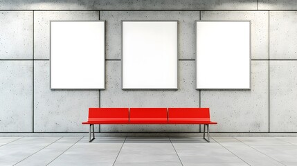 Three large white posters on a concrete wall, a bold red bench below contrasting in a subway-like interior.