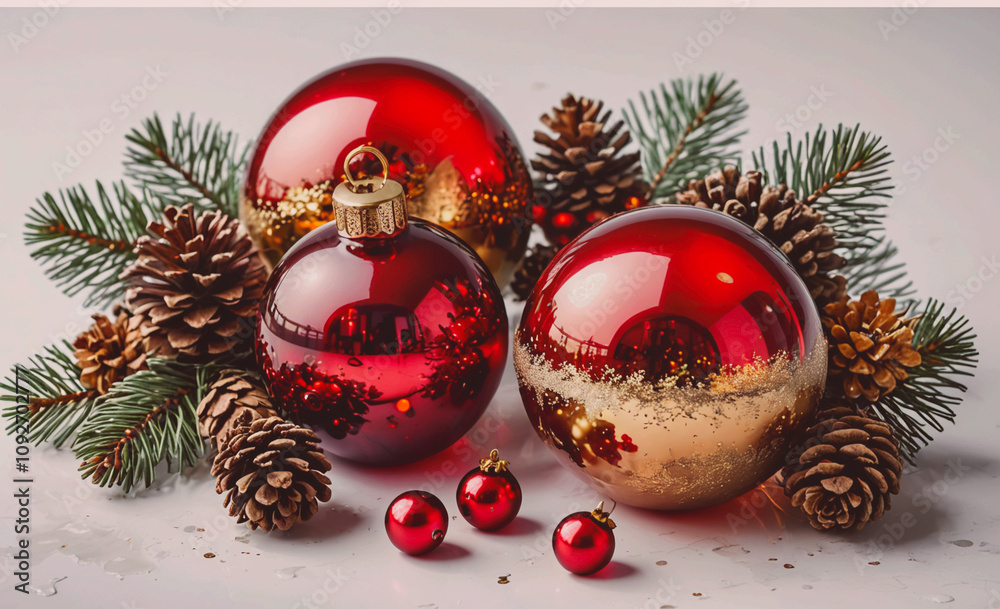 Poster three red christmas ornaments are on a table with pinecones. the pinecones are on the right side of 