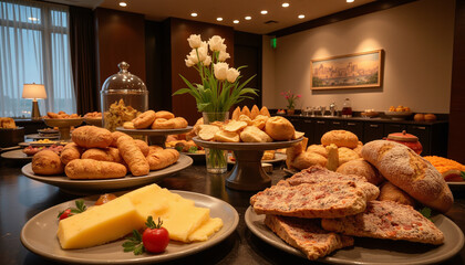 Luxurious Continental Breakfast Spread in Warm Ambient Lighting with Artistic Decor