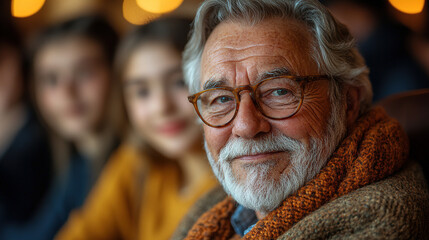 Smiling elderly man in cozy sweater sitting among young friends in warm, inviting cafe during an evening gathering. Generative AI