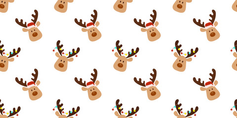 Seamless pattern with cute Christmas deer, animal head with Santa hat and lights on white background. Repeat backdrop for print.