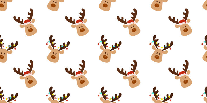 Seamless pattern with cute Christmas deer, animal head with Santa hat and lights on white background. Repeat backdrop for print.