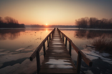 Obraz premium A serene wooden dock extends into a calm lake at sunrise, surrounded by reflections of trees and a soft mist, with patches of snow lingering on the edges.