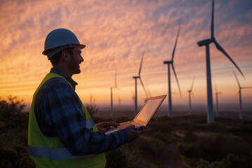 A worker uses a laptop near wind turbines at sunset, highlighting renewable energy efforts.