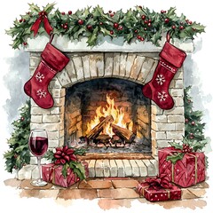 Fototapeta premium Watercolor painting of a cozy Christmas fireplace scene with stockings, presents, and a glass of wine.