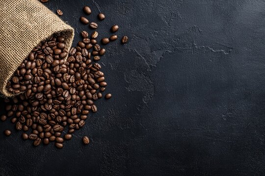 Coffee beans spilling from burlap sack onto vintage map roasting exploration home kitchen creative angle adventure in brewing