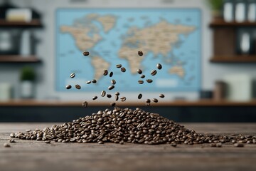 Naklejka premium Roasting coffee beans in motion modern kitchen cinematic scene warm atmosphere close-up view coffee journey