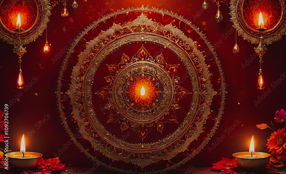 Poster Red background with a gold circle with a lit candle in the center. There are three candles in the circle