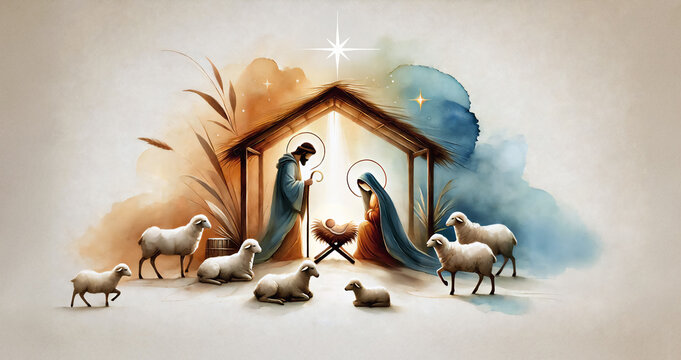 Nativity scene in Bethlehem. Christmas scene illustration showing Holy Family baby Jesus in the manger Joseph and Mary. Watercolor painting. Copy space Banner