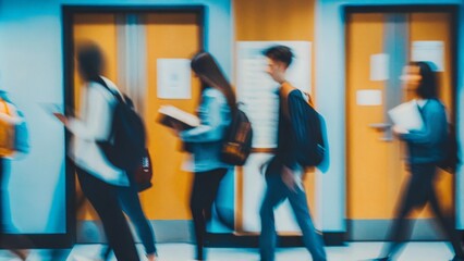 Campus Study Session Blur – Students walking past classrooms in a blurred university corridor.
