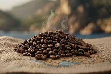 Obraz premium Steaming freshly roasted coffee beans rustic kitchen food photography warm atmosphere close-up aromatic coffee experience
