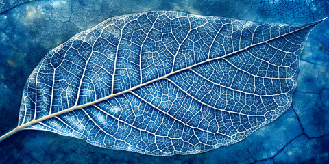 close up of a blue leaf texture, abstract background, nature series. cyanotype