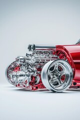 Exposed Engine of a Red Classic Car