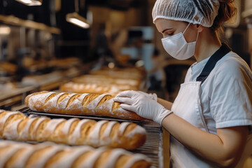 A baker inspects freshly baked bread in a professional kitchen.