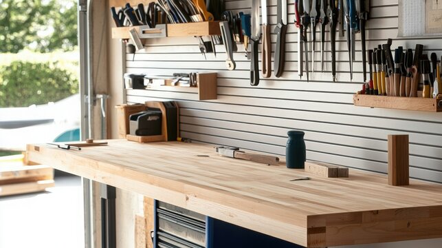 Organized Woodworking Workshop with Tools and Workbench.